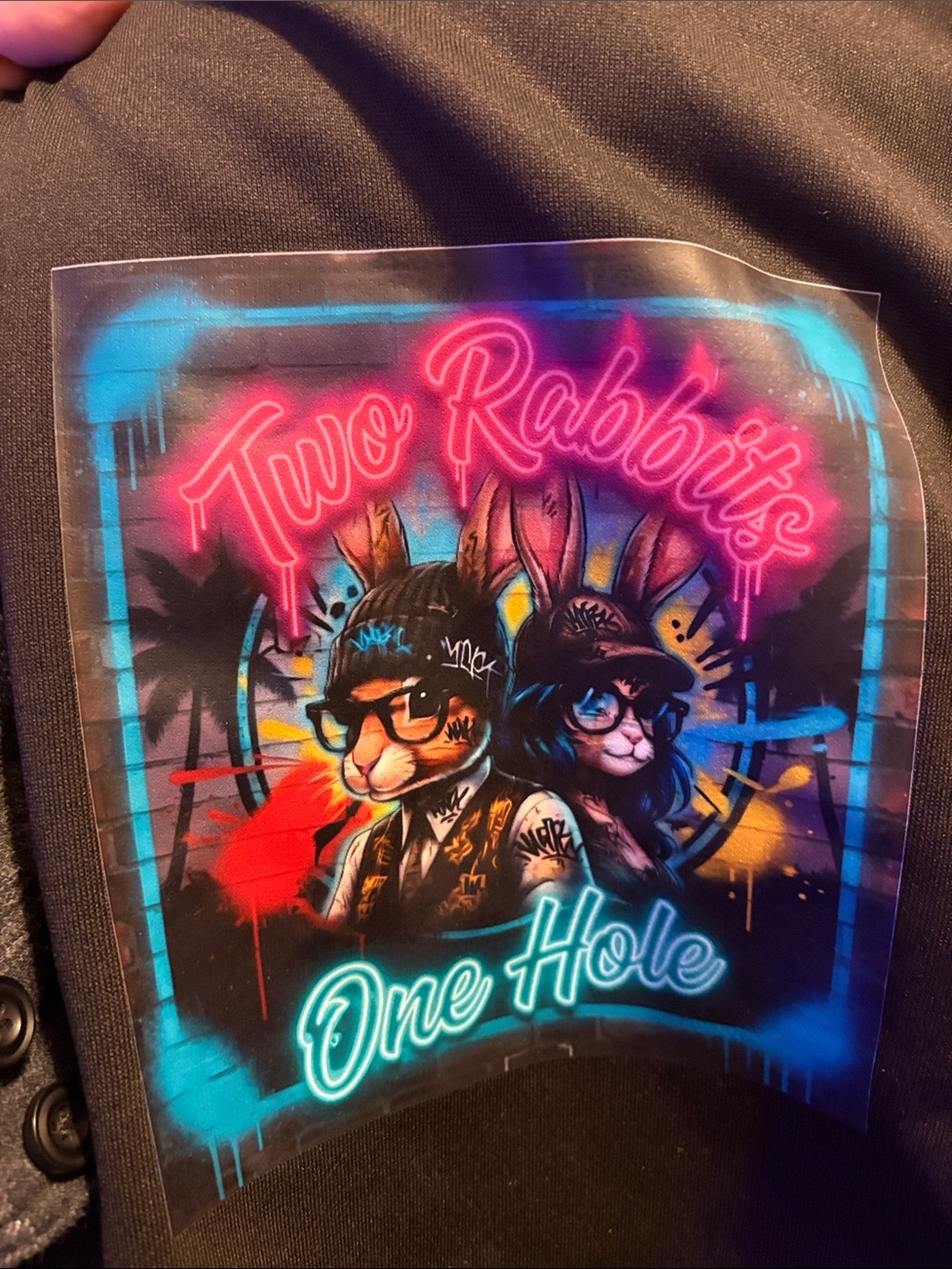 Two Rabbits One Hole Neon Graphic Patch - Black Background comfy shorts to louge